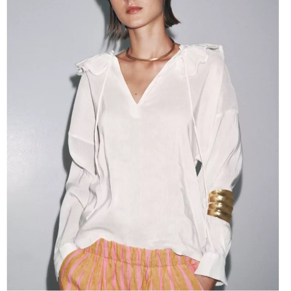 Zara linen silk blend ruffle blouse size Medium - , white- sold out